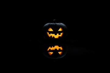 Lighted Jack-o'-lantern with Reflection on Black Background