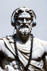 Greek Zeus statue wearing trendy sunglasses and wearing a cool chain necklace on an isolated white background combining retro style with modern fun