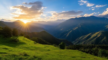 Wall Mural - A breathtaking panorama of Coroico Valley, Bolivia, at sunset, showcasing rolling green hills, a majestic mountain range, and a vibrant sky.