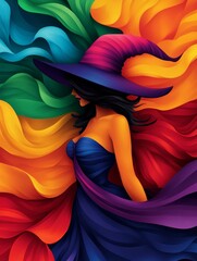 Wall Mural - A captivating portrait of a witch adorned in a vibrant purple hat, her silhouette highlighted against a swirling backdrop of rainbow-hued fabric, radiating elegance and mystery.