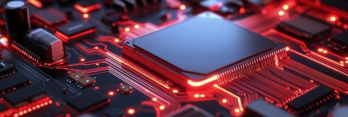 Canvas Print - A close-up image of a circuit board with a processor chip, illuminated by red LEDs. The image highlights the intricate details of the board, including the traces, components