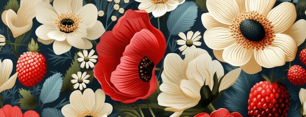 Poster - A captivating display of red poppies, white anemones, and strawberries creates a lush floral pattern against a rich navy backdrop, showcasing nature's beauty and vibrancy
