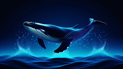 stylized illustration whale rendered vibrant digital wavy lines dramatic dark blue backdrop