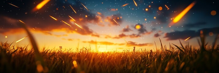 Poster - A field of grass illuminated by a stunning sunset and a sky filled with shooting stars, symbolizing hope, wonder, dreams, and the vastness of the universe.