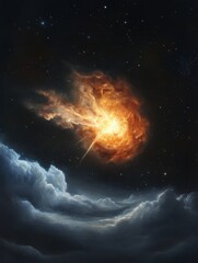 Canvas Print - A fiery nebula erupts in the vastness of space, a brilliant spectacle of cosmic energy, symbolizing creation, destruction, power, wonder, and the infinite nature of the universe.