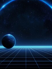 Canvas Print - A futuristic, retro-inspired design featuring a planet, a glowing grid, and a starry sky. This captivating image evokes a sense of nostalgia, technology, and space exploration.