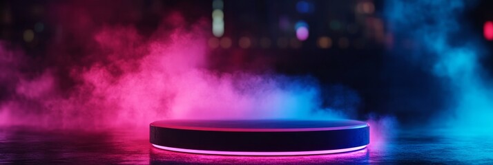 Wall Mural - A futuristic neon podium with pink and blue smoke, perfect for showcasing your product or design.  The abstract and modern aesthetic conveys innovation and creativity, representing a  modern platform