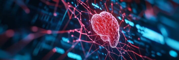 Poster - A holographic representation of a brain, symbolizing the connection and complexity of neural networks, artificial intelligence, technology, and the human mind.