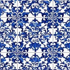 Wall Mural - vibrant arrangement of blue and white tiles adorned with intricate floral patterns, ideal for enhancing interior spaces with a Mediterranean aesthetic