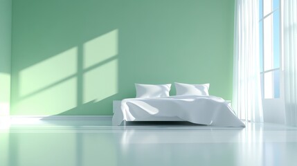 Sticker - A serene minimalist bedroom with a green wall and a white bed, sunlight streaming through the window. The room is clean, spacious, and inviting, perfect for relaxation and rejuvenation.