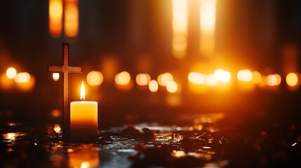 Sticker - A solitary candle burns brightly beside a wooden cross in a dimly lit church, symbolizing faith, hope, prayer, remembrance, and spirituality.