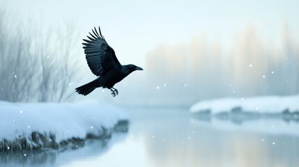 Poster - A solitary raven flies majestically over a frozen river, symbolizing freedom, mystery, winter, nature, and resilience.