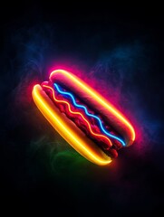 Wall Mural - A vibrant neon hot dog with mustard and relish, glowing brightly against a dark background.  This image is perfect for food, nightlife, and pop culture themes.