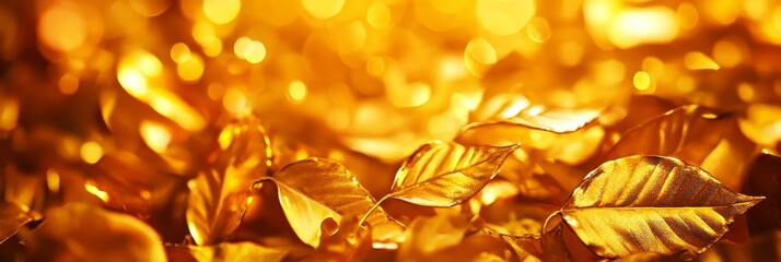 Wall Mural - Golden Autumn Leaves Background - Beautiful golden leaves with a warm, autumnal glow. Capture the essence of fall with this vibrant, nature-inspired image. Perfect for autumnal designs