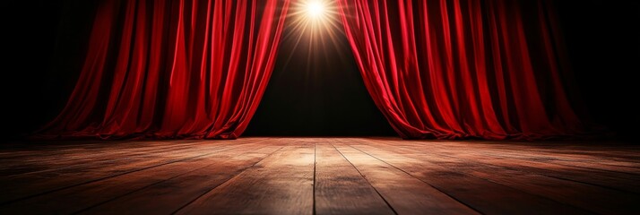 Poster - Red curtains pulled back to reveal a spotlight shining on a wooden stage.  A symbol of anticipation, performance, and the unveiling of the unknown.