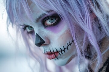 Wall Mural - The individual displays intricate skull makeup paired with lavender hair, emphasizing artistic flair. This striking look is perfect for a Halloween celebration or artistic gathering