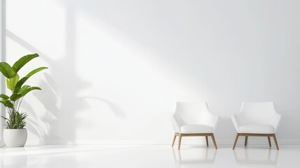 Poster - Two white armchairs in a bright and spacious living room with a large window and a plant. The room is designed for comfort and relaxation, with plenty of space to move around.