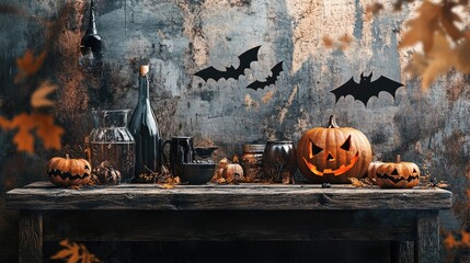 Poster - Halloween themed product display with rustic table and bat background