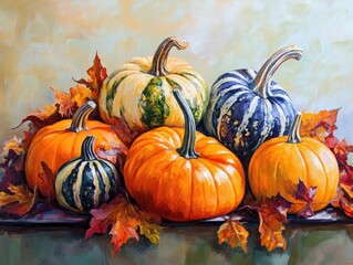 Canvas Print - Vibrant autumn gourds and pumpkins