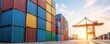 © Kanin - Colorful shipping containers at a port against a sunset sky, symbolizing global trade and commerce.