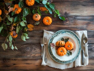 Canvas Print - Autumn themed table setting with pumpkins and leaves on wooden background