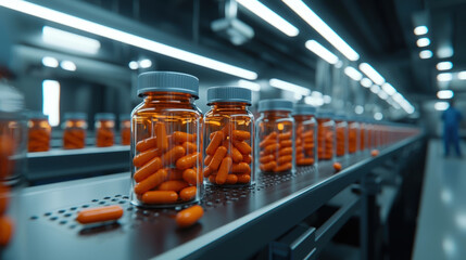 Bottles filled with orange capsules are lined up on conveyor belt in modern pharmaceutical facility, showcasing high tech production environment