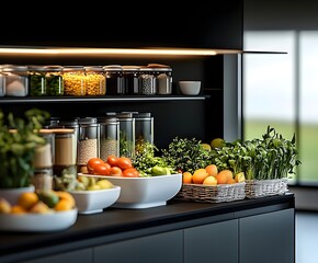 Fresh, colorful food in a stylish kitchen