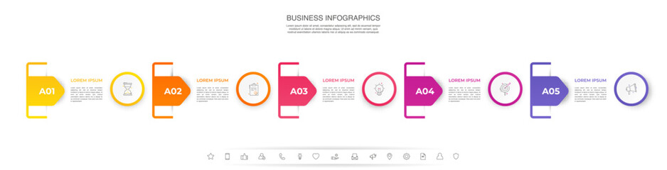 Wall Mural - Business vector infographic design template. Circle timeline with icons and 5 five arrows or steps. Used for process diagram, presentations, workflow layout, info graph, banner, flow chart