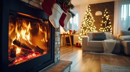 A warm fireplace glowing with stockings hanging above, with Christmas lights twinkling around the room