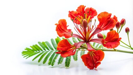 Wall Mural - Asymmetrical red royal poinciana flower isolated on white background