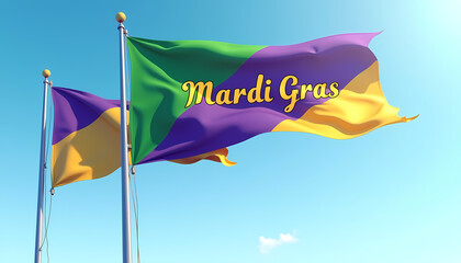 Mardi Gras flags waving under a clear blue sky