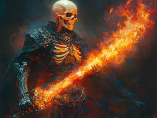 a skull-headed character wielding a flaming torch, set against a fiery background.