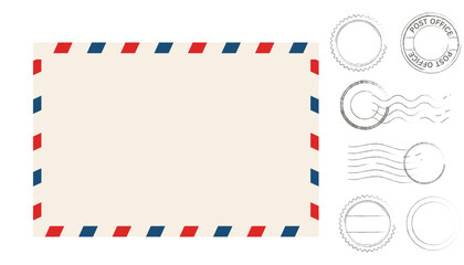 airmail blank postcard template retro border envelope with stripes stamps set. paper texture, vintag