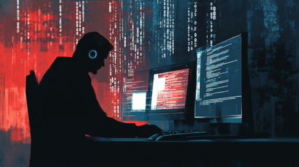 A shadowy figure sits at a computer, surrounded by flashing code and symbols. This represents the threat of online fraud and hacking, where cybercriminals try to steal information and money.