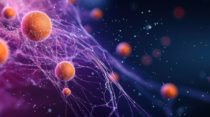 Biological formation with vibrant orange spheres and intricate web like structures, showcasing stunning microscopic view of cellular activity and interaction