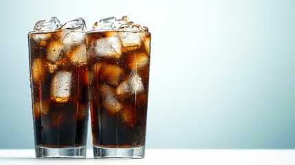 Two cold glasses of fizzy cola filled with ice cubes glistening under soft light, perfect for advertising beverages, summer themes, or food-related content, Ideal for menus, website banners