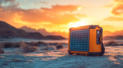 Wall Mural - A solar powered device is sitting on the ground in a desert