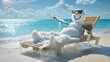 © Maridav - Winter Christmas travel. Snowman lounging on a sunny beach, with sunglasses and icicles, humorously merging winter and summer in playful holiday getaway ocean concept. Image made using Generative AI.