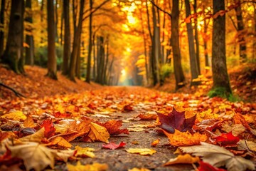 Autumn leaves on forest path in late fall silhouette