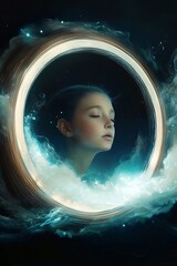 Wall Mural - surreal mysterious young woman with eyes closed is surrounded by an ethereal blue glow, peering from