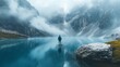 © Liliia - A man stands on a rock in front of a body of water. The water is calm and blue, and the sky is cloudy. The man is looking out over the water, taking in the beauty of the scene