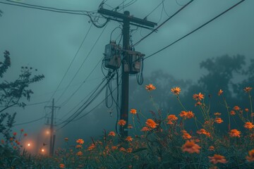 A power line pole with a power line above it