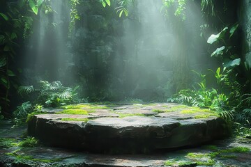 lush jungle pedestal ancient mosscovered stone platform vibrant green foliage dappled sunlight mystical ambiance product showcase natural beauty ethereal glow mistladen air