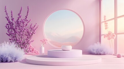 Wall Mural - Serene and minimalist 3D studio room with soothing lavender background empty floor and wall with product podium subtle shadow overlay from window to countertop soft natural light mockup