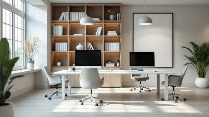 Modern office room interior with coworking space and fashionable furniture. White Mockup frame.