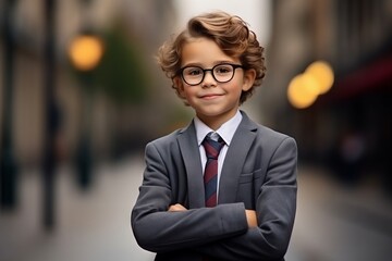 portrait of a little boy in a business suit and glasses on the street