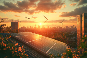 Canvas Print - A city skyline with a large solar panel on top of a building