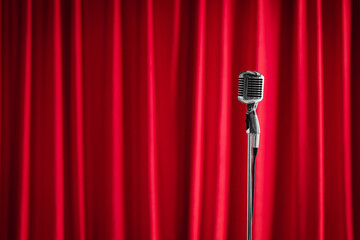 Wall Mural - Old microphone on theater stage on red curtains background. Concept stand up, comedian show banner.