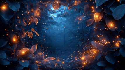 Wall Mural - Glowing Leaves and Sparks in a Dark Forest