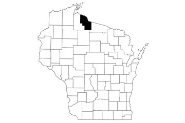  Map of iron County in Wisconsin state on white background. single County map highlighted by black colour on Wisconsin map. UNITED STATES, US